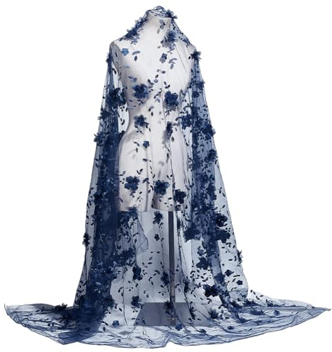 NBEADS 1.6m/1.75 YardGestickter Blumenstoff, 1.3m Breit 3D Blume Organza Spitze Stoff Floral Mesh Stickerei Stoff für Sewing DIY Kleidung Party Kleid Home Dekoration, Preußisch Blau