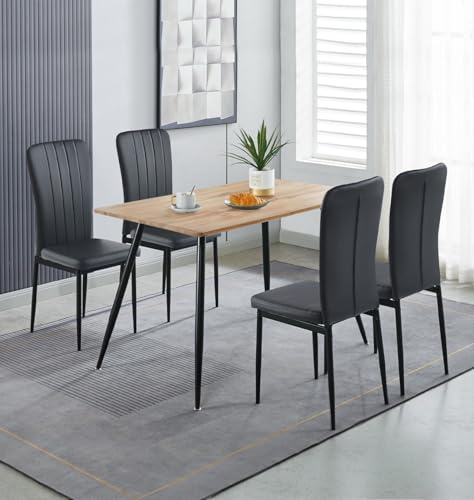 Hallowood Furniture Cullompton Small Dining Table and Chairs Set 4 120x70cm | Wood Effect Top Rectangular Kitchen Table and Chairs in Black Faux Leather Upholstery, Industrial Dining Room Furniture for 4