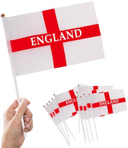 12Pcs England Flags on Sticks for St, George's Day Decorations,St Georges Flags England Hand Held Small Flags with 30cm White Pole(14 x 21cm)