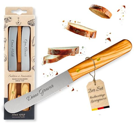 Brötchenmesser 2er Set mit eigener Gravur – Perfektes Präsent, Holzgriff Olive, Solingen, Brotmesser, Buckelsmesser, personalisiert