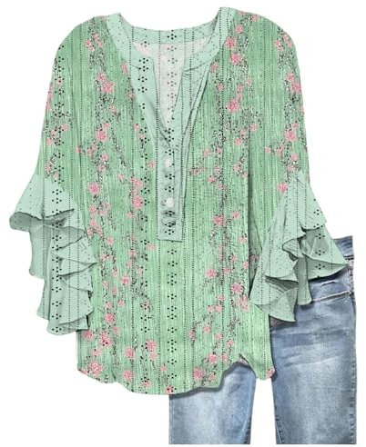 Ladies Plus Size Tops T-Shirts for Women UK Tees Tunic Casual Summer Clothes Eyelet Hollow Ruffle 3/4 Sleeve Activewear V Neck Button Up Ladies Blouses Loose Fit Pullover