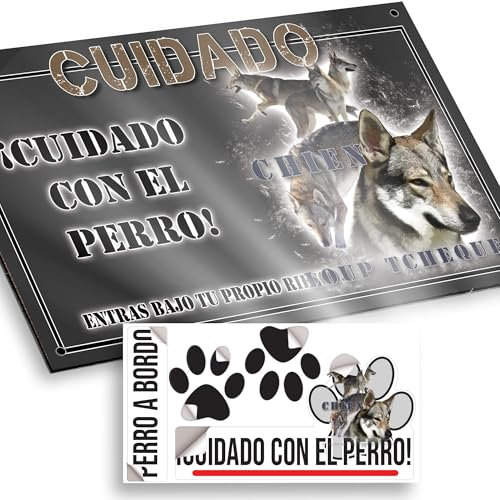 Perro Lobo Cartel Cuidado con el Perro 20x12,5cm - Diseño Antracita en Dibond con Pegatina Coche 20x5cm - En Español