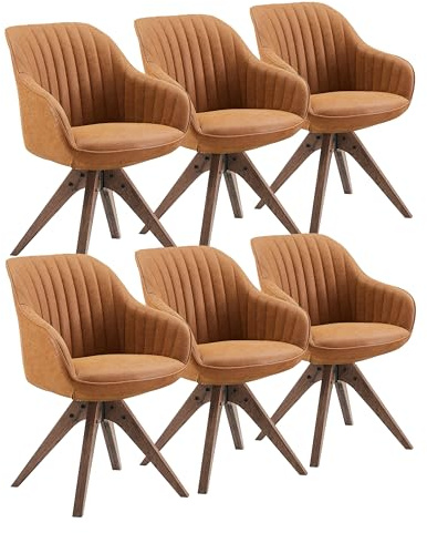Zouron Chaise de Salle à Manger (avec Coussin épais), Chaise de Bureau pivotante sans roulettes (360°), Fauteuil de Salon (Ergonomique),Lot de 6,Marron Clair(PU+Pieds en Bois