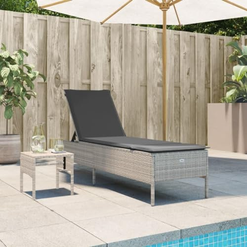 Sonnenliege mit Tisch und Auflage Hellgrau Poly Rattan, Gartenliege mit verstellbarer Rückenlehne, Outdoor Lounge Möbel Set für Terrasse und Pool, Wetterfest PE Geflecht mit Tragkraft 110 kg