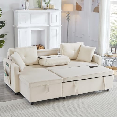 RIAZOS L-Shaped Pull Out Sleep Sofa bed, Modern Reversible Sleeper Sectional Sofa, 3 in 1 Convertible Sofa Bed with Storage Chaise, Drop-Down Table, Cup Holders and Charging Ports (USB&Type-C),Beige