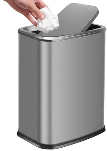 15L Bathroom Bin with Swing Lid, Stainless Steel office Kitchen Trash Bin | Removable Inner Bucket,Waste Paper Bin for Bedroom,Living room