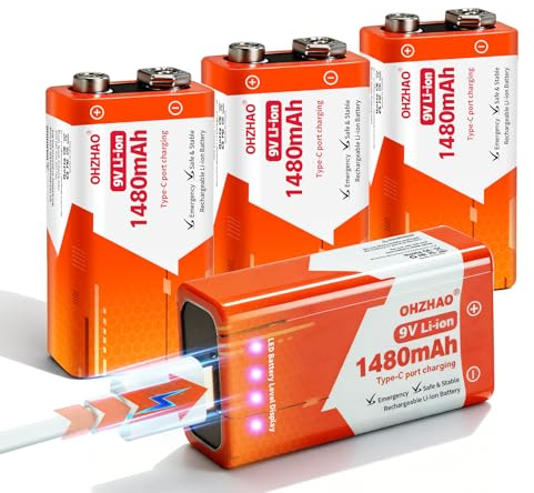 Batterie rechargeable 9 V, piles bloc lithium-ion 1480 mAh 9 volts, charge rapide via USB-C idéale pour détecteurs de fumée, détecteurs d'incendie, multimètre (4 pièces)