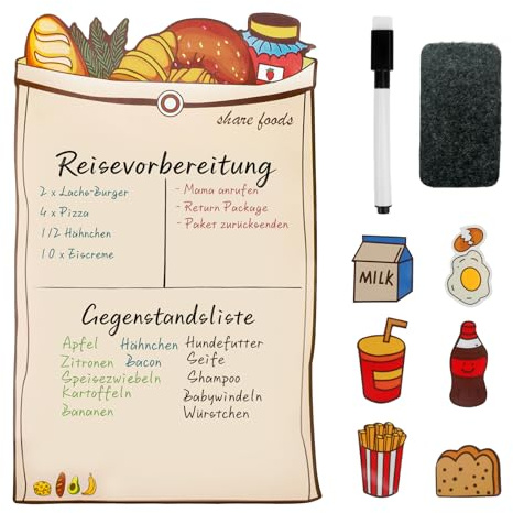 Magnetischer Menüplaner für Kühlschrank mit Süßem Brot-Design, Abwischbar Wiederverwendbare Essensplaner für Familien, Familienplaner & Einkaufsliste,inkl. 6 Kühlschrankmagnete,Stift & Radierer