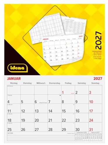 Idena Kalender 2027 in DIN A4 Querformat (29,5 x 21 cm) | Wandkalender 1 Seite = 1 Monat, Monatskalender inkl. Jahresübersicht, 11910