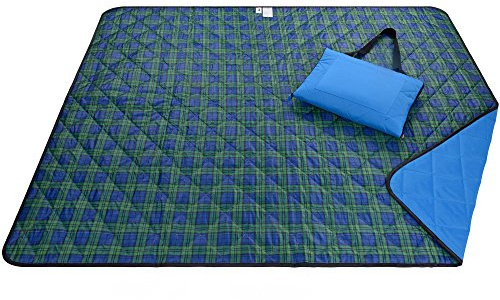 Roebury Stranddecke, sanddichte & Outdoor-Picknickdecke – wasserabweisend, große Matte für Camping oder Reisen Waschbar, faltbar, leicht zu tragen, kompakte Tragetasche (grün/blaues Karomuster)