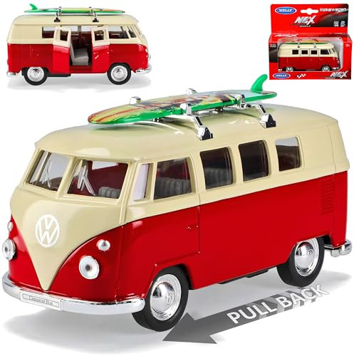 Welly Volkwagen T1 Rot Weiss mit Surfbrett Samba Bully Bus 1950-1967 ca 1/43 1/36-1/46 Modell Auto