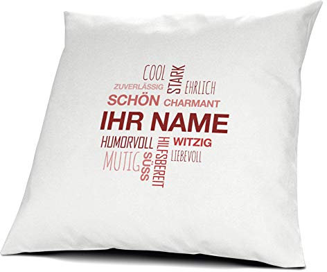 printplanet® Kissen mit Namen personalisiert - 100% Baumwoll Kopfkissen - Motiv Positive Eigenschaften (Cloud) Rot individuell gestalten - Kissenbezug inkl. Füllung - 40 x 40 cm