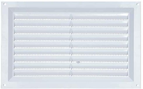 Rejilla de plástico fija de PVC blanco Louvre Vent 9 x 6 (225 mm x 150 mm) con mosquitera y cubierta de flujo de aire utilizada para ladrillos, paredes, puertas, uso en interiores y exteriores