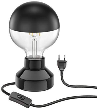ledscom.de E27 Porzellan Tischlampe TIX, rund mit Stecker und Schalter, schwarz, 90mm inkl. E27 Lampe 660lm warmweiß