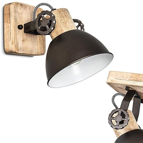 Wandleuchte Orny, Wandspot im Retro/Vintage Design, verstellbare Wandlampe aus Metall/Holz in Schwarz/Braun, 1-flammig, 1 x E27-Fassung, ohne Leuchtmittel