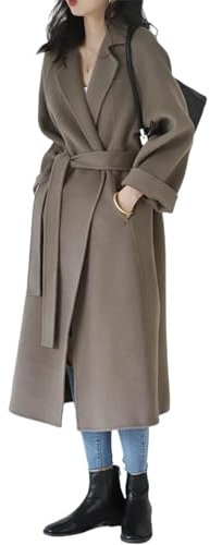 GL SUIT Wollmantel für Damen, einfarbig, doppelseitig, Kaschmirmantel, schmal, warm, lang, Wollmantel, Jacken, Oberbekleidung mit Gürtel, Braun, Größe M