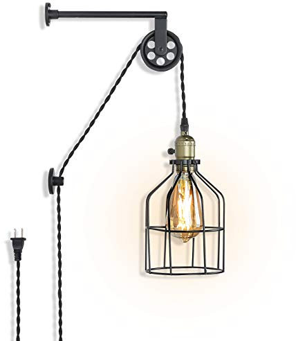 LUSTORM 1 Wandlampe Innen Deko Schlafzimmer Bett Landhaus mit Schalter Und Stecker Bad Wandleuchte Industrial Schwarz Vintage Retro Wandleuchten Wohnzimmer
