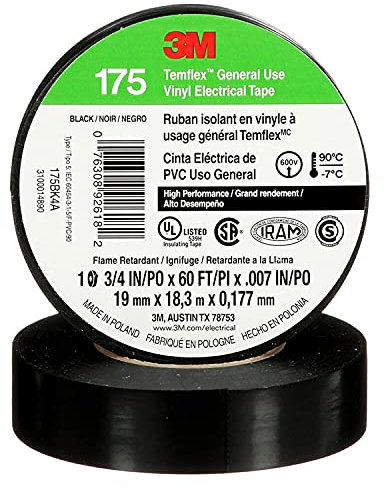 3M Temflex - 92618 Ruban adhésif électrique en vinyle 175, noir, 3/4 x 60ft (19mm x 18m), 10 rouleaux