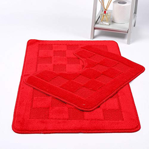 HOMES-LINEN Squares 2 Piece Bath Mat & Pedestal Set Non Slip Extra Absorbent Square Bathroom Toilet Rug Bath Mats Set (Red)