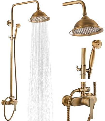 Airuida Exposed Pipe Shower System, Brass 8 Inch Overhead Rainfall Shower Fixture with Handheld Spray, Dual Functions Wall Mounted Bathroom Shower Faucet Combo Unit Set Antique Brass