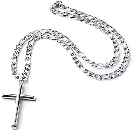 LIFETIME BLING 14K Figaro White Gold Cross Flat Chain Necklace Gift For Men, Women, Husband, Wife Diamond-cut Religious Curb cross. 5MM Cuban link Necklace (22)