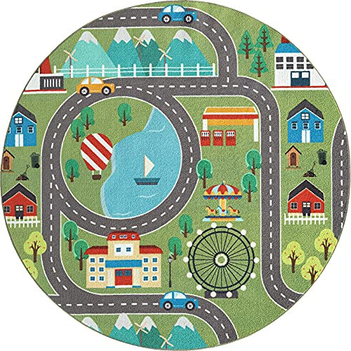 the carpet Happy Life Kinderzimmer, Kinderteppich, Spielteppich, Waschbar, Straßenteppich, Straße, Stadt, Auto, Rund, Grün, 160 cm
