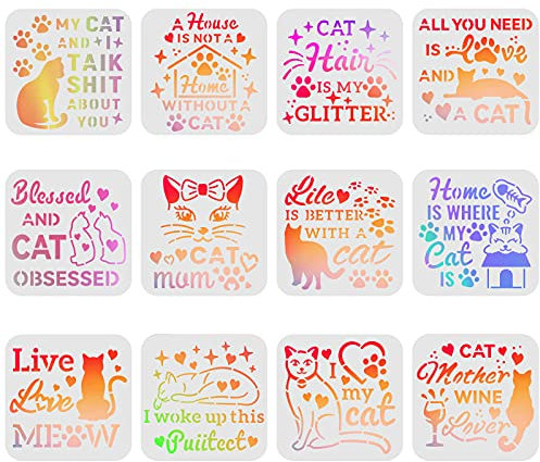 FINGERINSPIRE 12 Stück Katze Schablonen Zeichnung Malerei Schablonen Sets 15x15cm Kunststoff Zeichnung Malerei Schablonen Skala Vorlage Sets für Katze Haus Dekoration