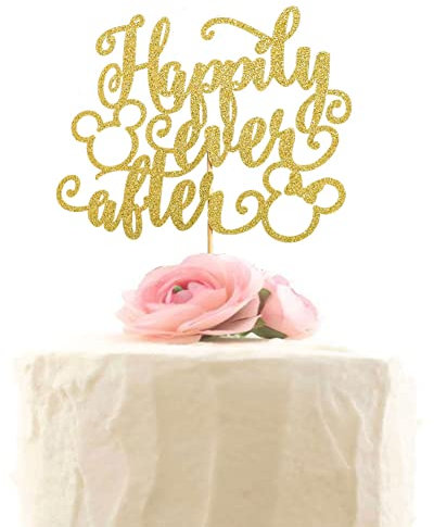 Happily Ever After with Cartoon Mice Cake Topper, Mouse Inspired Themed Wedding Engagement Bridal Shower Party Decorations, Gold Glitter