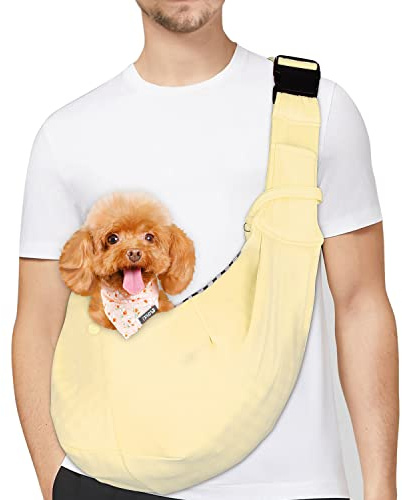 PetLoft Tragetuch Hund, Reversibel Kleine Hundetrage, Einstellbar Pet Tragetuch, Freisprecheinrichtung Cross-Body Carrier mit Halsband für Hund/Katze/Hase (Beige)