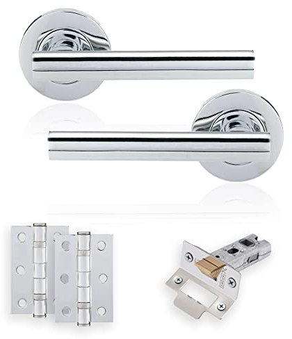 XFORT Polished Chome Liberty Lever On Rose Latch Pack, Complete Set with T-Bar Door Handles, 65mm Tubular Latch and 75mm Ball Bearing Hinges, Door Handle Set for Home and Office.