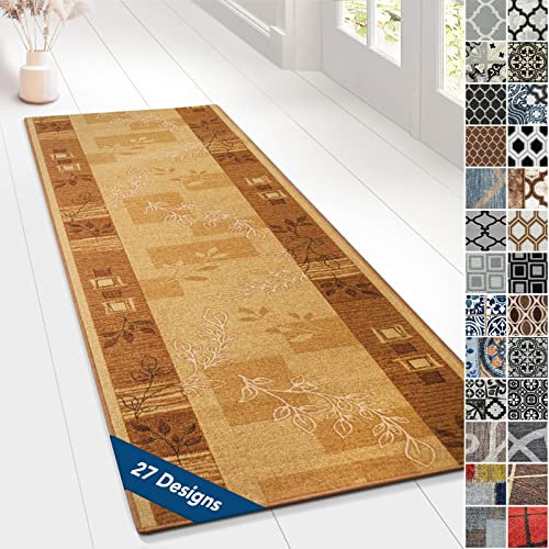 Floordirekt Teppichläufer mit Muster - maßgefertigter Feinschlingen Teppich Läufer für Küche, Flur & Wohnraum - Ornament Vintage Orient Gitter (80 x 450 cm, Akzent Beige)