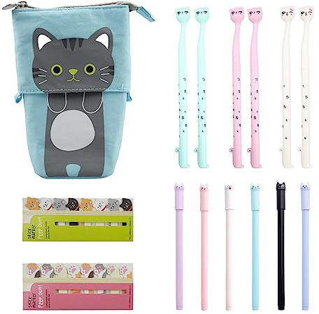 Hocadrv 1 Sac à Stylo Télescopique en Toile et 12 Stylos à Encre Gel Noir und 240 Onglets D'Index Notes Set de Papeterie de Chat Mignon Trousse Kawaii Pour Fournitures de Bureau(Bleu)
