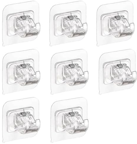 Paquete de 8 soportes para barra de cortina, cortinas adhesivas sin perforaciones, o ganchos de riel para toallas, para colgar cortinas, adecuadas para postes menos de 4 cm de diámetro, transparente