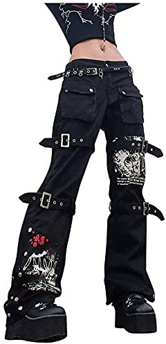 IQYU Pantalons punk pour femme - Taille basse - Cargo Baggy - Style gothique des années 90 - Style punk gothique - Tête de mort - Tendance - Hip Hop - Grunge E-Girl - Vêtement Y2k - Pantalon en jean