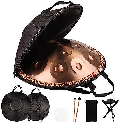 Handpan-Drum-Instrument, D-Moll 9 Noten 22-Zoll-Stahl-Handtrommel mit Soft Handpan Bag, 2 Handpan Mallets, Handpan Stand, für Klangheilung, Persönliche Meditation und Entspannung gold