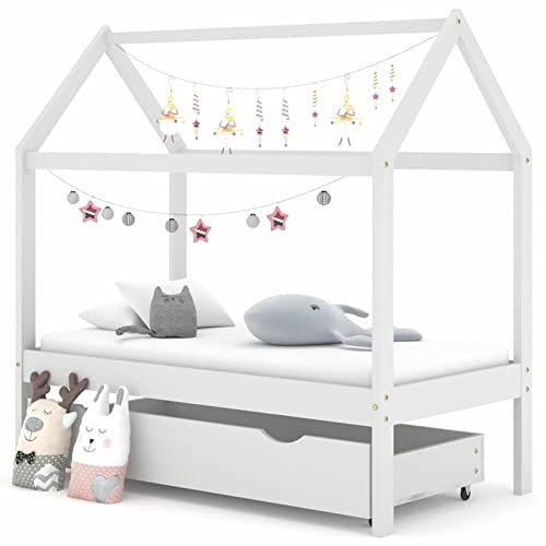 SECOLI hausbett 70x140 Kinderbett mit Schublade stauraumbett 70x140 für Jungen & Mädchen Kinder Haus Bett aus Kiefer Holz Jugendbett Massivholz-Weiß-70 x 140 cm