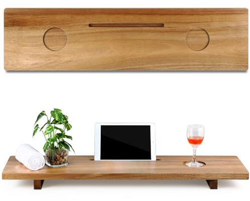Wenqik Akazien-Badewannentablett, 89,9 x 22,9 cm, großes Badewannentablett aus Holz, Badewannen-Zubehörhalter für Badewanne, Jahrestag, Hochzeit, Geschenke (Holzfarbe), SIX-Wenqik-547