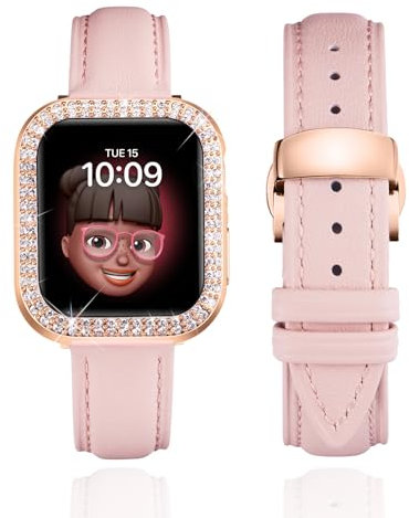 BINLUN Leather Strap Compatible with Apple Watch 45mm 44mm 41mm 40mm Women Leather Band with Glitter Diamond Rhinestone Case Compatible with iWatch Series 9/8/7/SE2/SE/6/5/4(40mm,Pink)