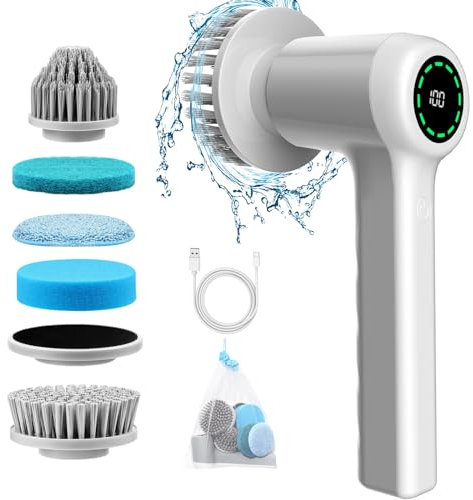 Elektrische Reinigungsbürste, Electric Cleaning Brush mit Led Anzeige, Spin Scrubber mit 5 Bürstenköpfe,Handheld Cleaning Brush für Bade, Haushalt,Boden, Fliesen, Küche, Autoreifen, 2 Modi
