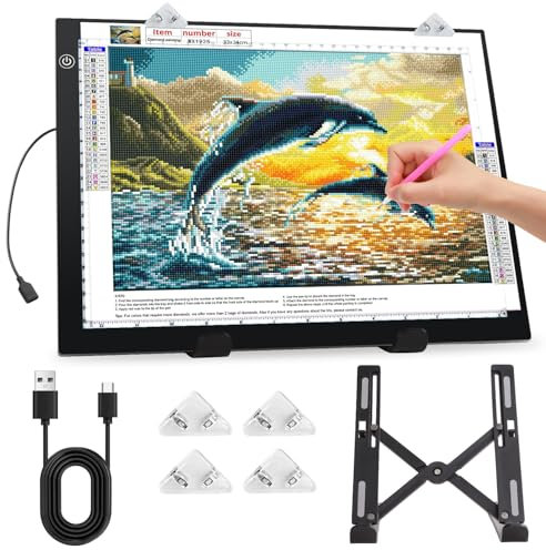 Zocelight A4 Light Pad for Diamond Art Kits for Adults,0.2 Ultra Thin Light Board with Stand and Clip for Diamond Painting Accessories,3 Levels Dimming Light Box for Drawing,Sketching,Animation