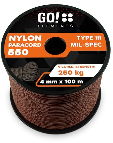 GO!elements 100m Paracord Seil aus reißfester Nylonschnur - 4mm Paracord 550 Typ III Schnur - geeignet als Allzweckseil & Reepschnur - Max. 250kg, Farbe: Braun