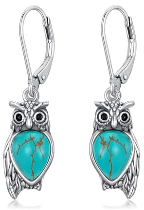 Vintage Eule Türkis Ohrringe 925 Sterling Silber mit 9 * 7mm natürlichen Türkis Eule Ohrringe für Frauen baumeln