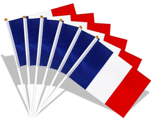 Suloli - 30 banderas pequeñas francesas, 14 x 21 cm, con poste blanco de 30 cm para 2024 Juegos Olímpicos Euro Fútbol Campeonato Copa del Mundo Fiesta Nacional Decoración