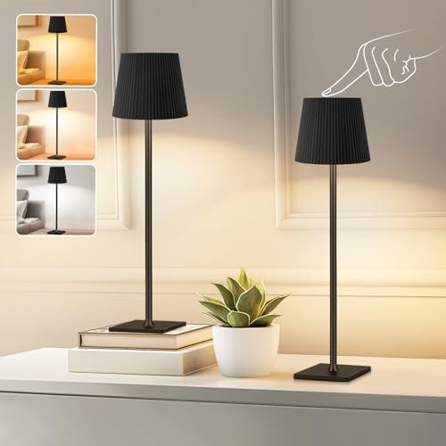 OUTON 2 Pack Rechargeable Cordless Table Lamp, 5600mAh Battery Operated, IP54 Waterproof, Dimmable & 3 Color Temps, Bedside Lamps with Touch for Bedroom, Living Room, Restaurant, Bar, Outdoor, Camping
