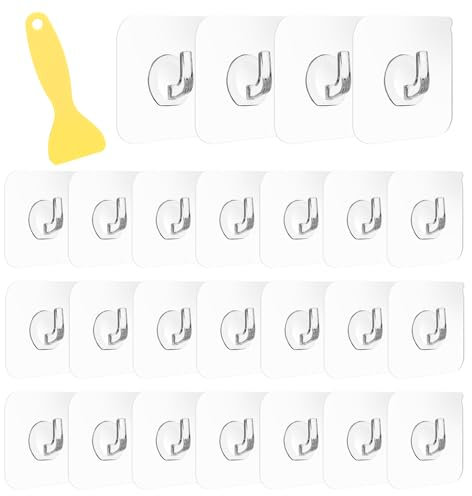 KINDOYO Transparent Klebehaken mit Schaber - 25 Stück Multifunktionale Haken Praktisch Selbstklebend Haken Set Selbstklebend Ohne Bohren Wasserdicht Wandhaken für Küche, Bad, Türwand