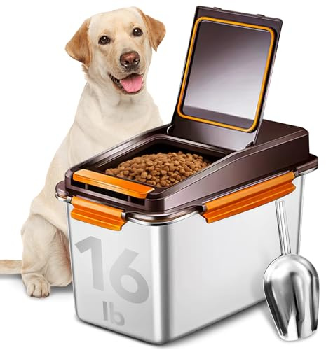 Newget 11 lb Stainless Steel Dog Food Storage Container with Scoop, Brown | Keep Food Fresh, Sturdy, Airtight, Rust-Proof, Insect-Proof, Moisture-Proof, Easy to Use, Suitable for Store All Pet Food