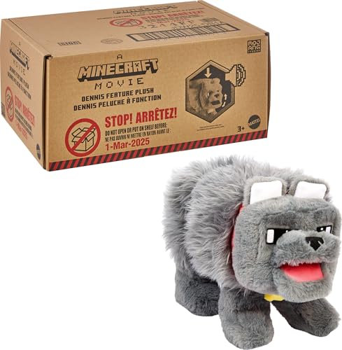 Mattel Minecraft Interaktives Plüschtier mit Sound & beweglichem Mund, Dennis der Wolf, inspiriert von einem Minecraft-Film