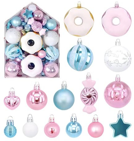 72 Christmas Ball Set - Tree Decorations, Assorted Blue, White and Pink Baubles, Shatterproof Ornament Hanging Balls, Multi Styles
