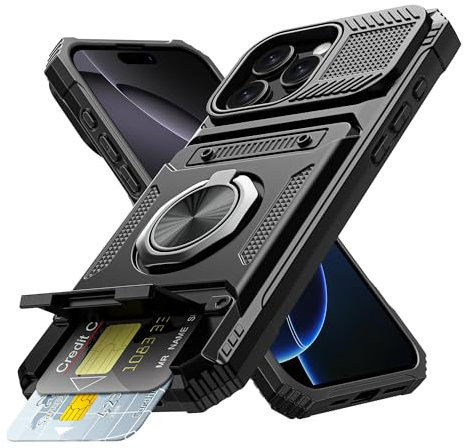 Vofolen für iPhone 16 pro Hülle mit Kartenfach [2 Karten] Fingerringhalter Kickstand Militärstandard Stoßfest iPhone 16 pro Case Heavy Duty Schutzhülle Hülle iPhone 16 Pro 6.3 Zoll-Schwarz