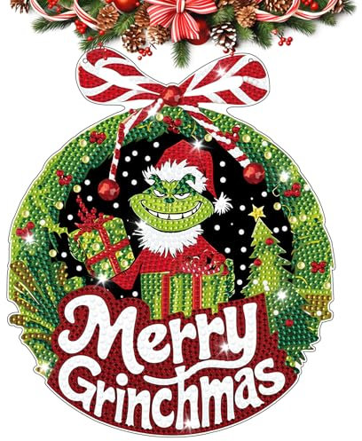 5D Weihnachten Diamant Painting Anhänger mit Kette, Ø21 DIY Diamond Art Painting Weihnachtskranz Anhänger, 5D Weihnachtsanhänger Ornamente für Anfänger, Tür Fenster Wand Deko DIY Geschenk (A)
